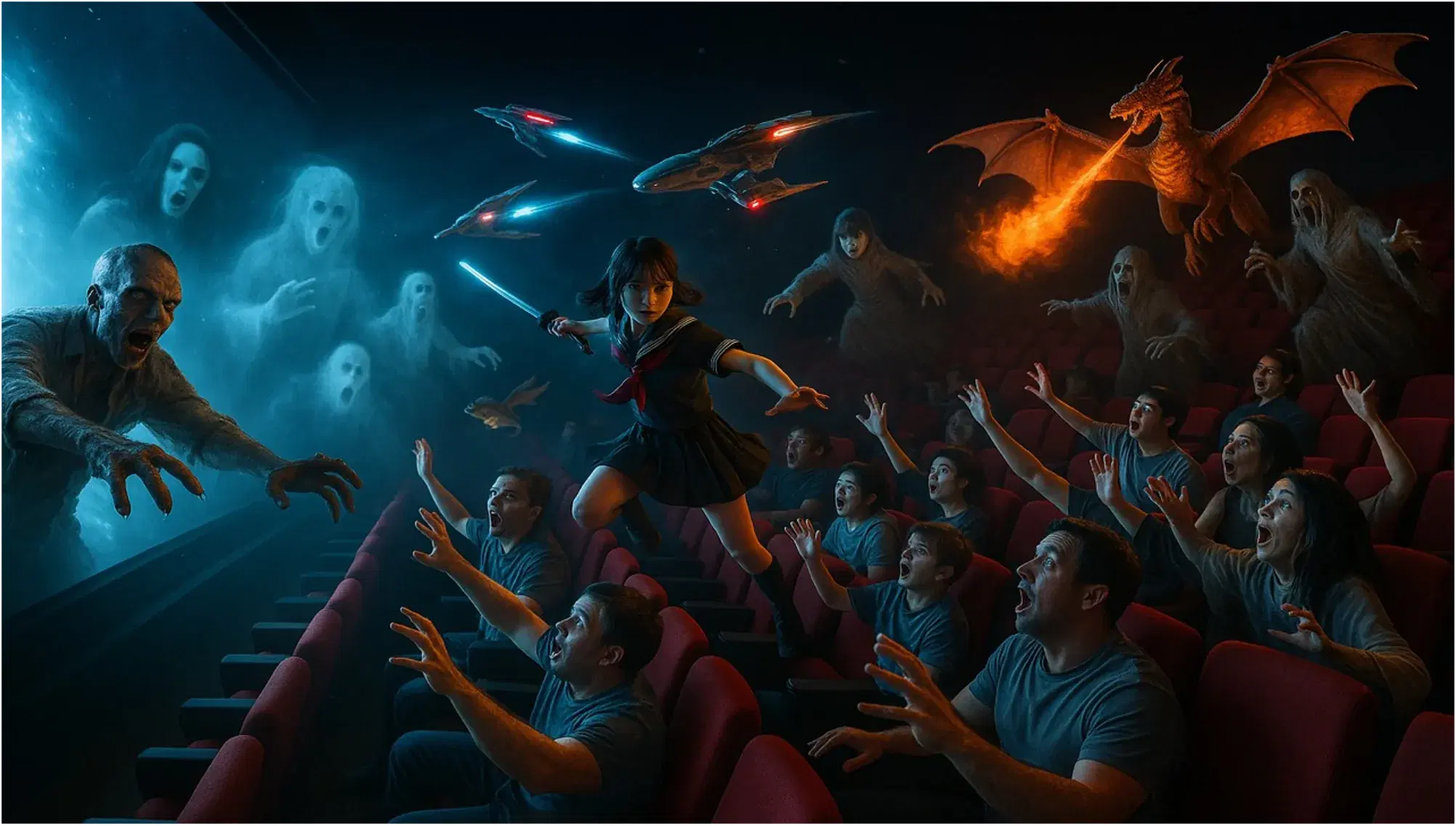 An audience playing an AR Movie Monsters experience inside a cinema auditorium
